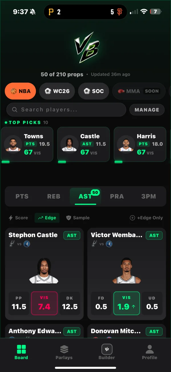 VisBets board screen showing top picks and player props