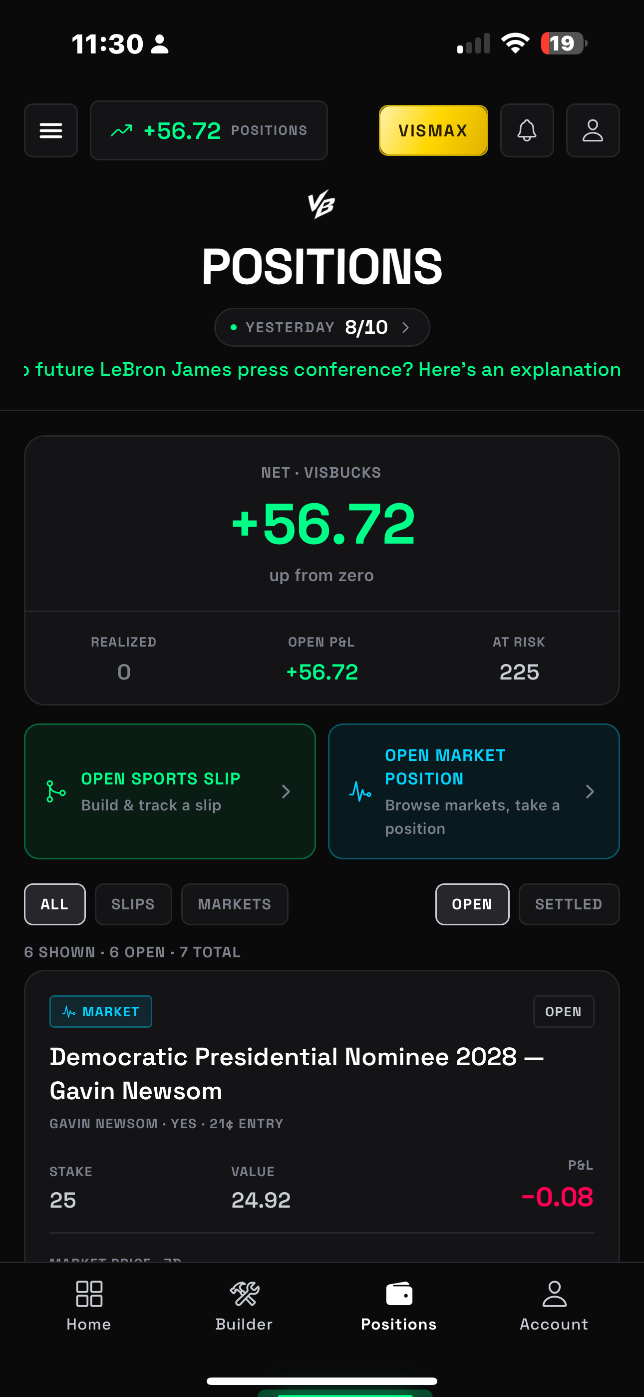 Positions — live profit and loss across slips and markets