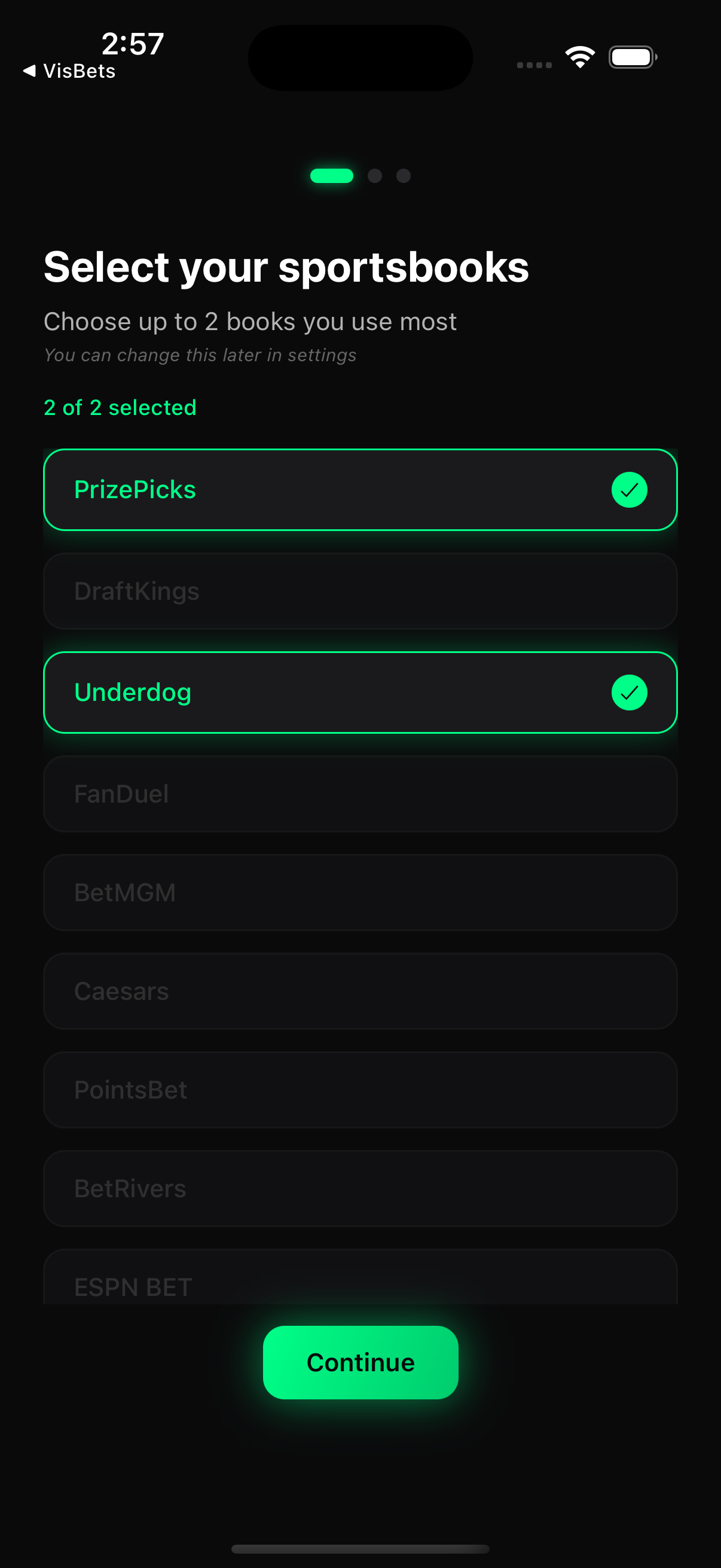 Select your sportsbooks — PrizePicks and Underdog selected
