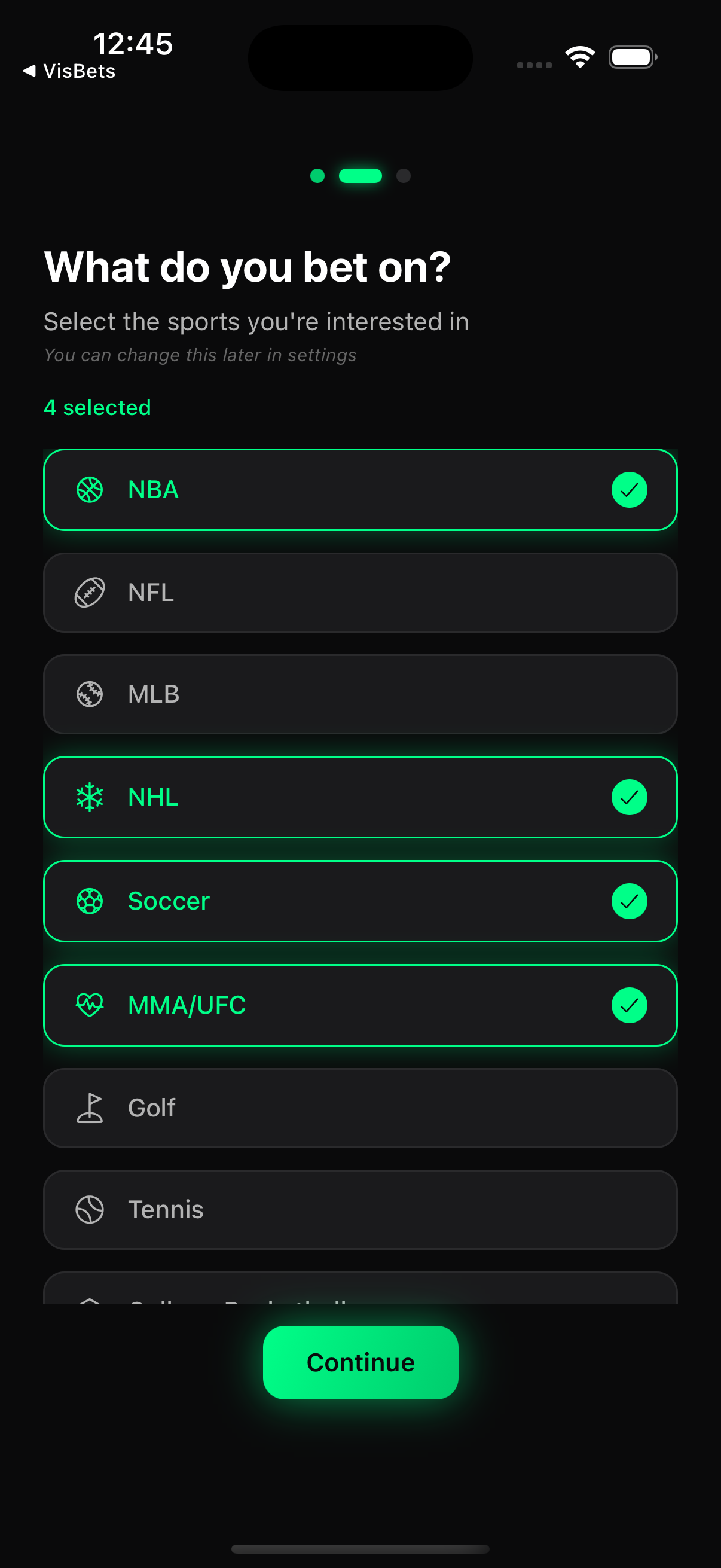 Select your sports — NBA, NFL, MLB, NHL, Soccer, MMA